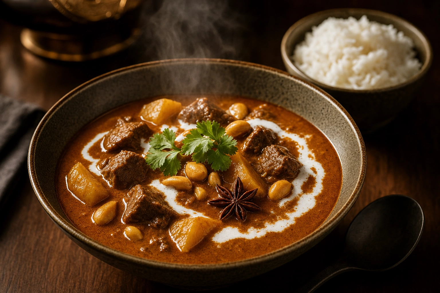 Menu-ready Thai massaman curry beauty shot with coconut swirl, beef, potatoes and peanuts on a dark elegant table