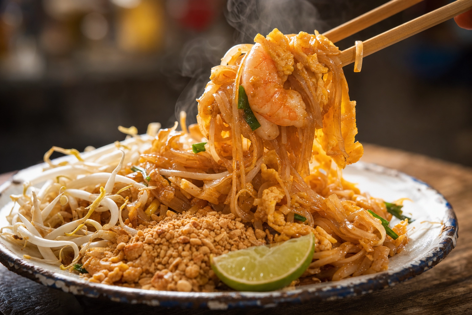 Wooden chopsticks lifting glossy pad thai rice noodles with prawn, peanuts and lime in a close-up action shot