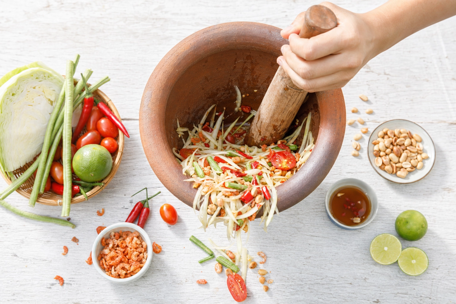 Overhead view of green papaya som tam being pounded in a clay mortar with chilies, peanuts, long beans and lime