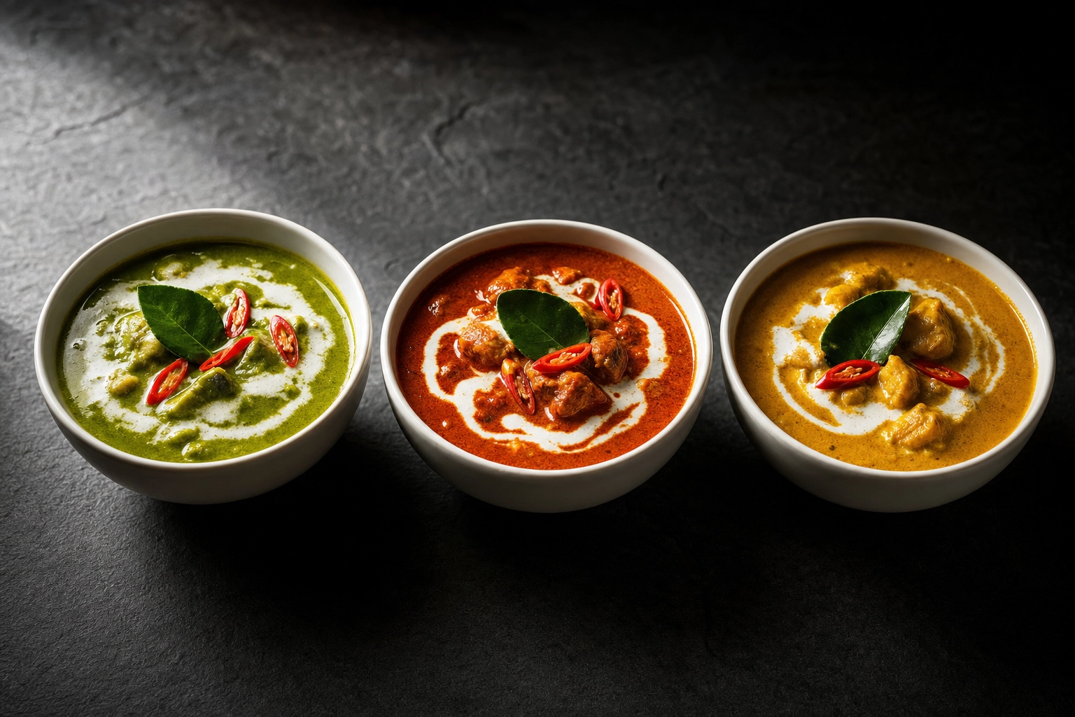 Three Thai curries — emerald green, brick red and golden yellow — in white bowls on dark slate showing distinct colors