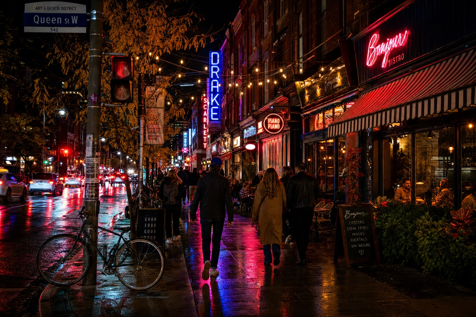 Queen Street West Toronto at night with neon restaurant signs reflecting on wet pavement showing dense food scene