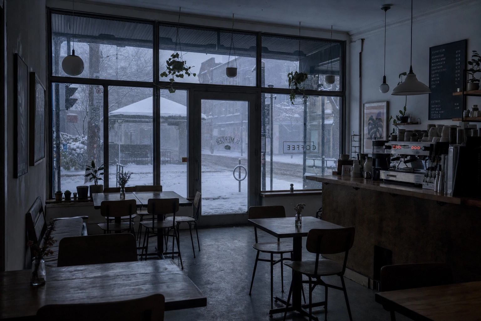 Empty dim Toronto cafe interior during a December snowstorm showing limited winter daylight for photography