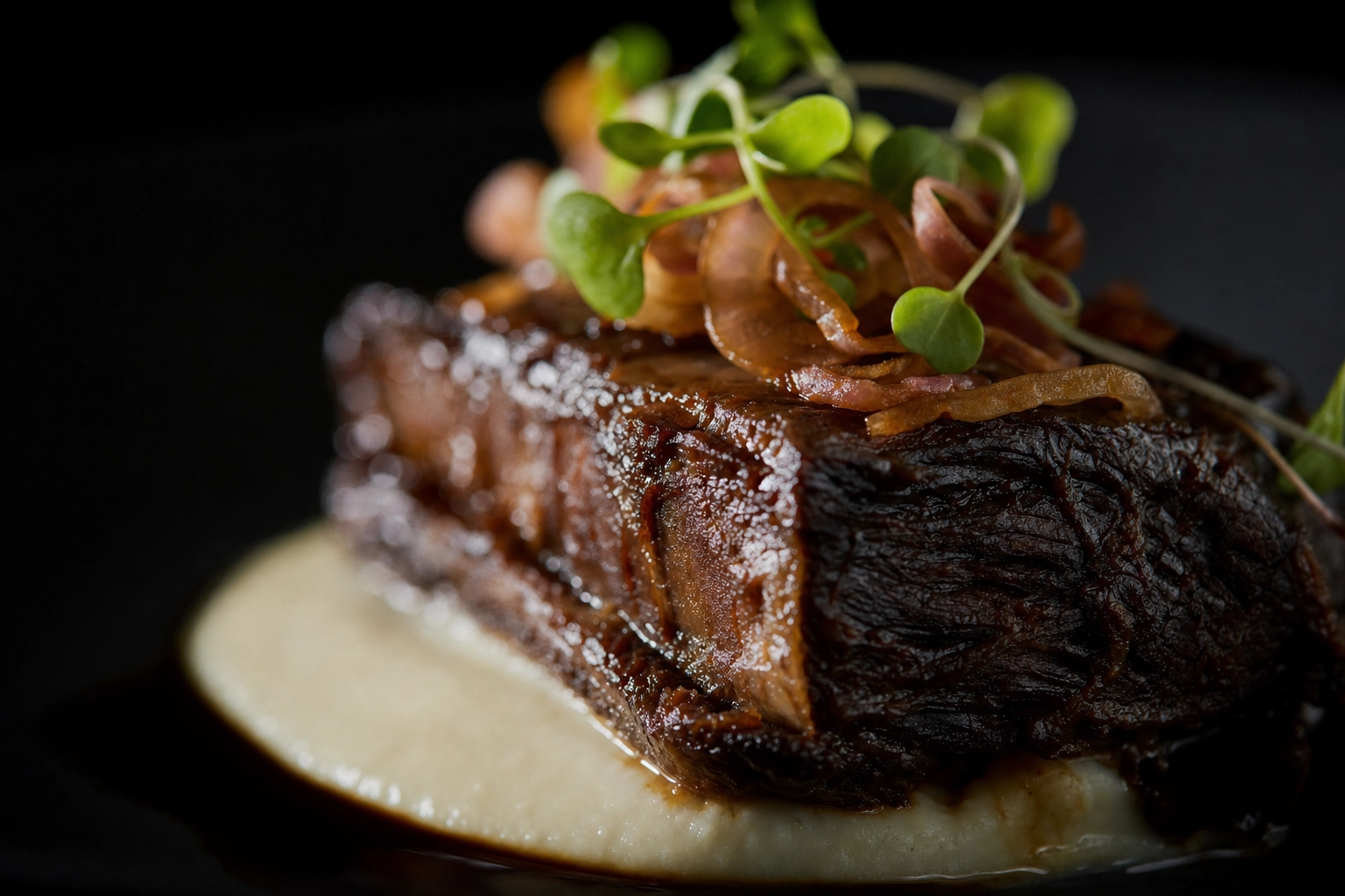 Editorial macro close-up of braised short rib on black plate showing premium Toronto food photography quality