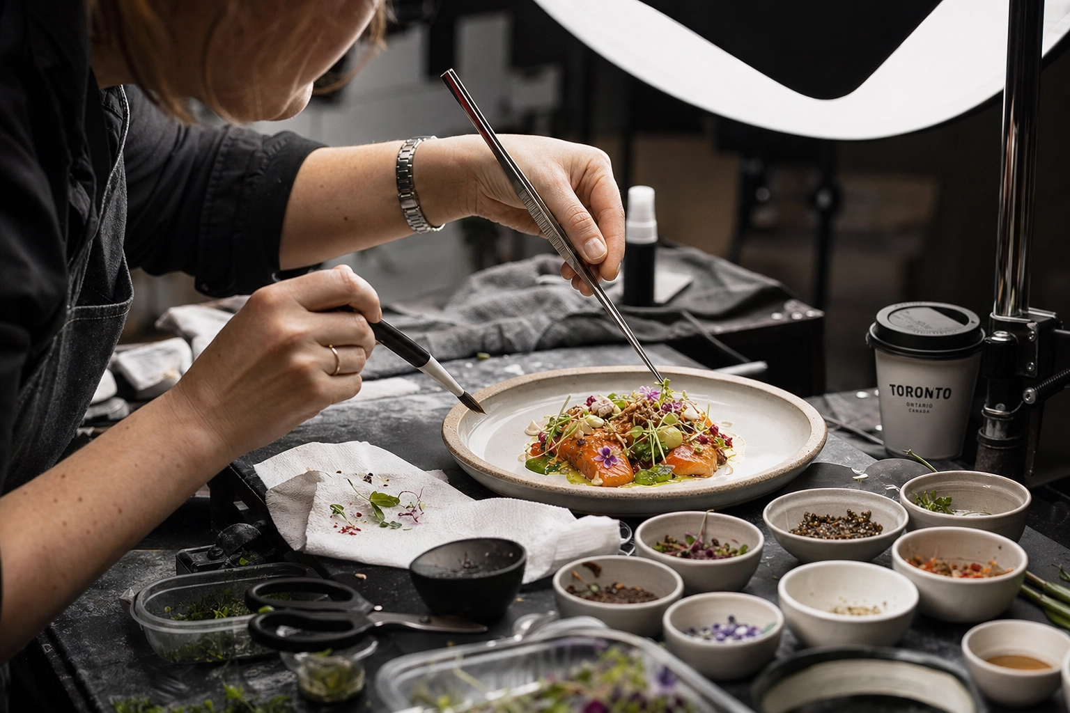 Food stylist hands placing microgreens with tweezers on dish showing labour cost of Toronto food styling