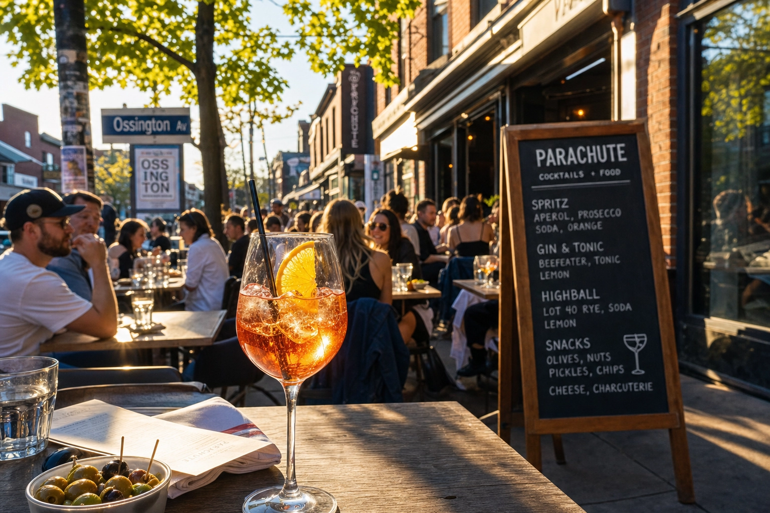 Toronto Ossington patio in spring afternoon sun with diners and cocktails for seasonal menu launch context