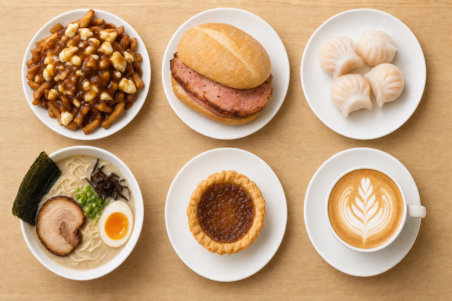 Overhead grid of six Toronto-favourite dishes showing visual brand consistency for restaurant menus