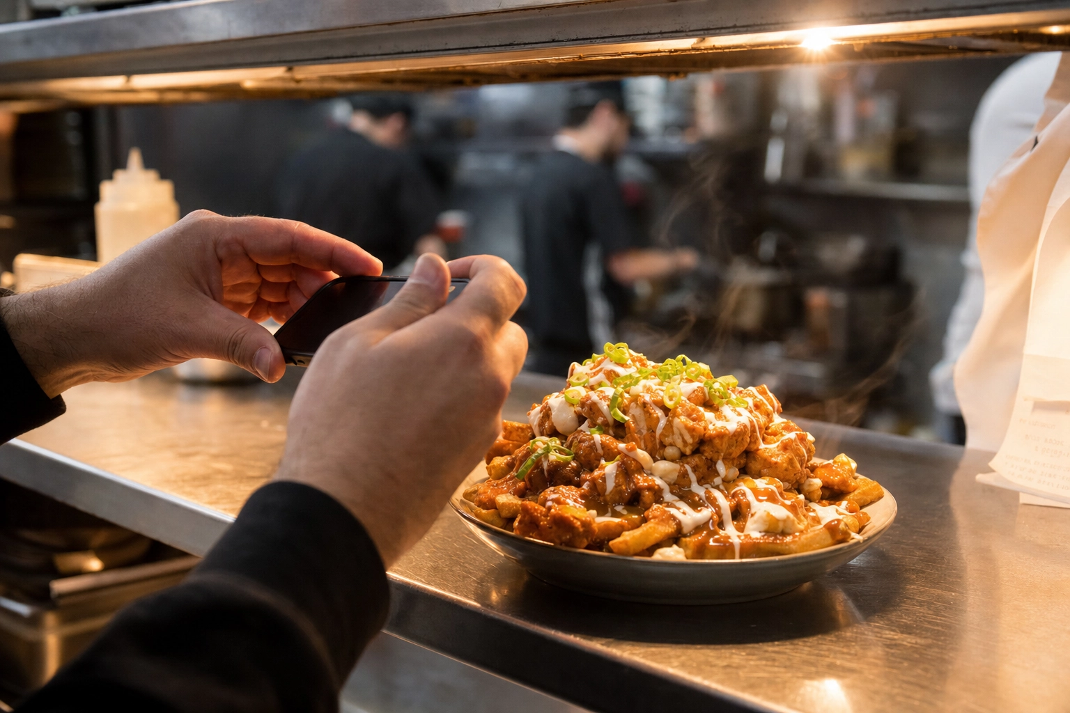 Restaurant owner hands photographing butter chicken poutine on kitchen pass with smartphone in Toronto kitchen