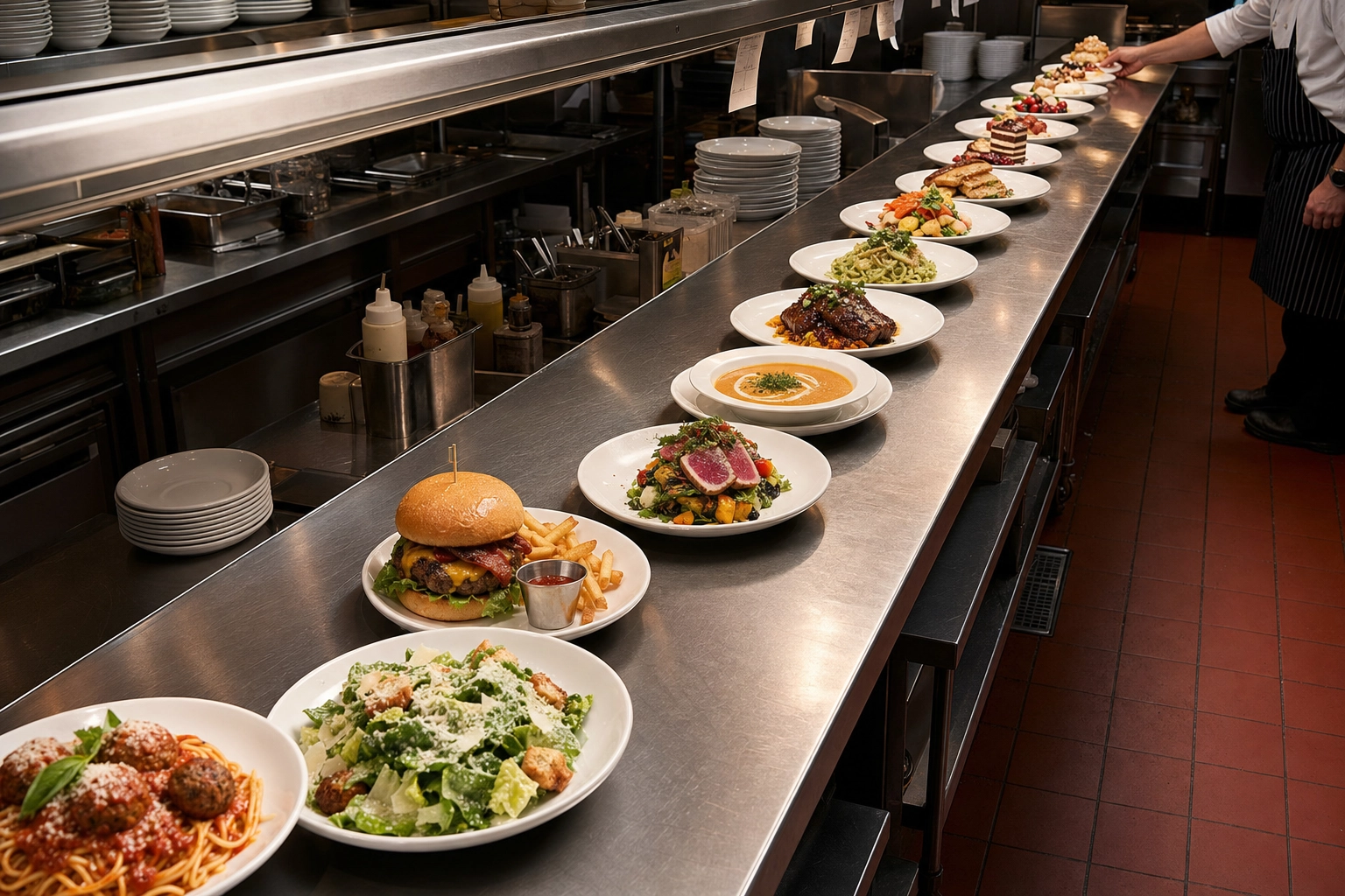 Kitchen pass lined with twenty plated dishes ready for menu photography in a single afternoon workflow
