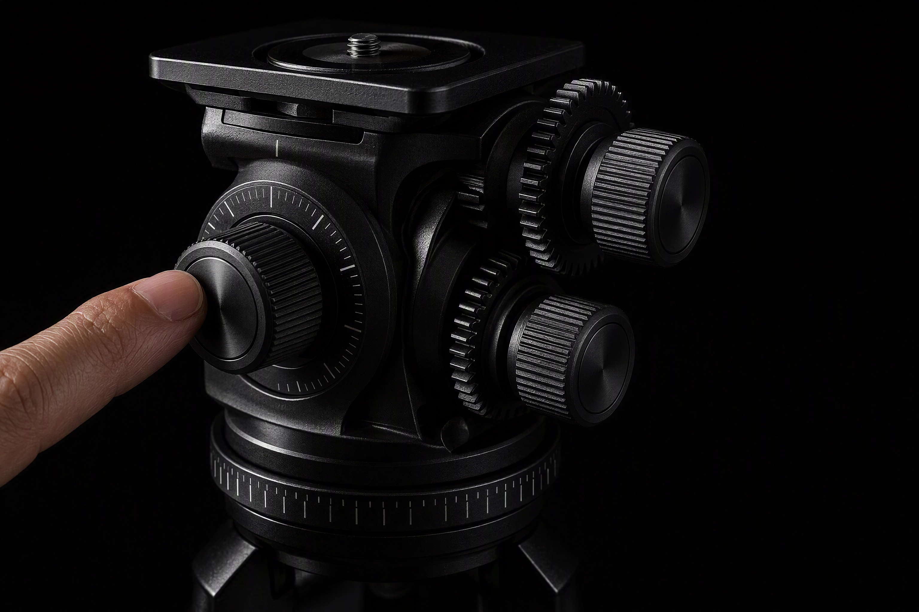 Geared tripod head with separate pan, tilt and roll knobs, the precise head choice for food photography