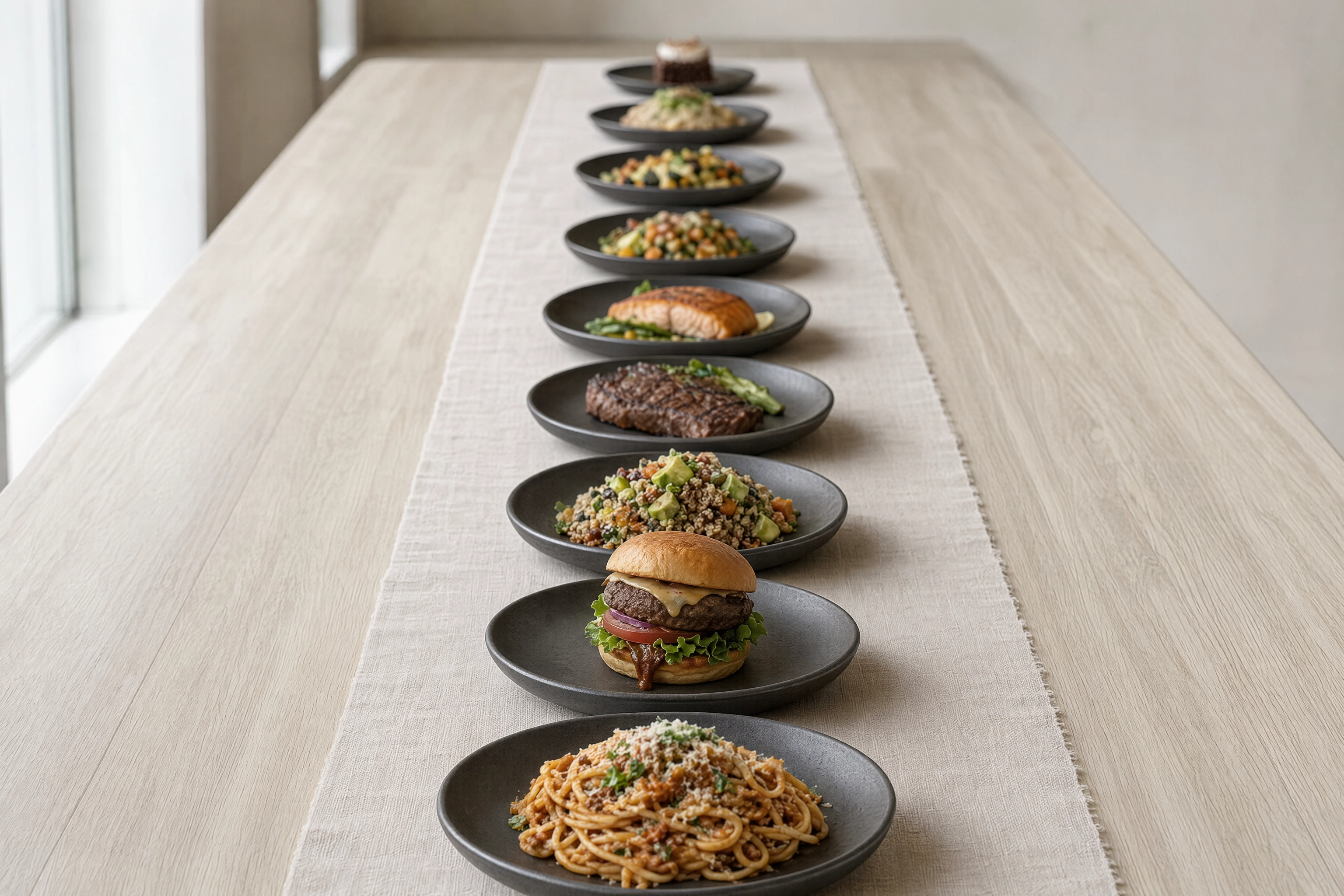 Nine dishes on identical plates lined up down a table showing consistent framing across a menu shoot