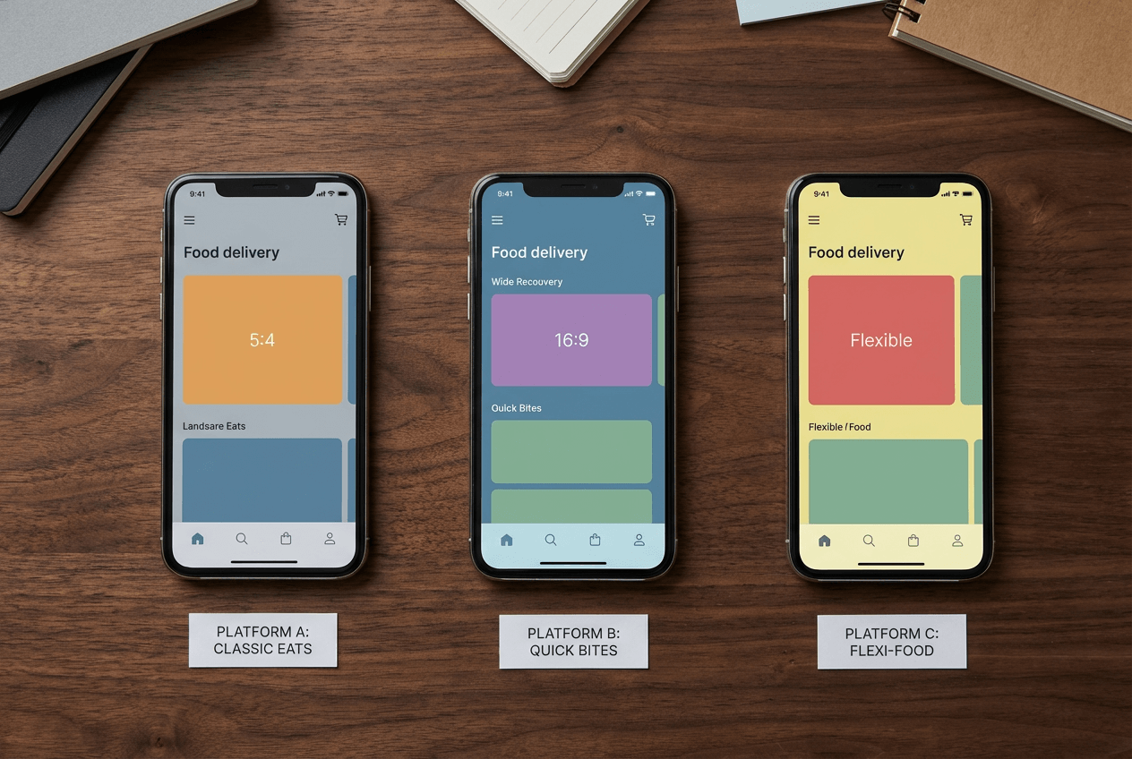 Three delivery platform photo aspect ratios compared showing Uber Eats 5:4 vs DoorDash 16:9 formats