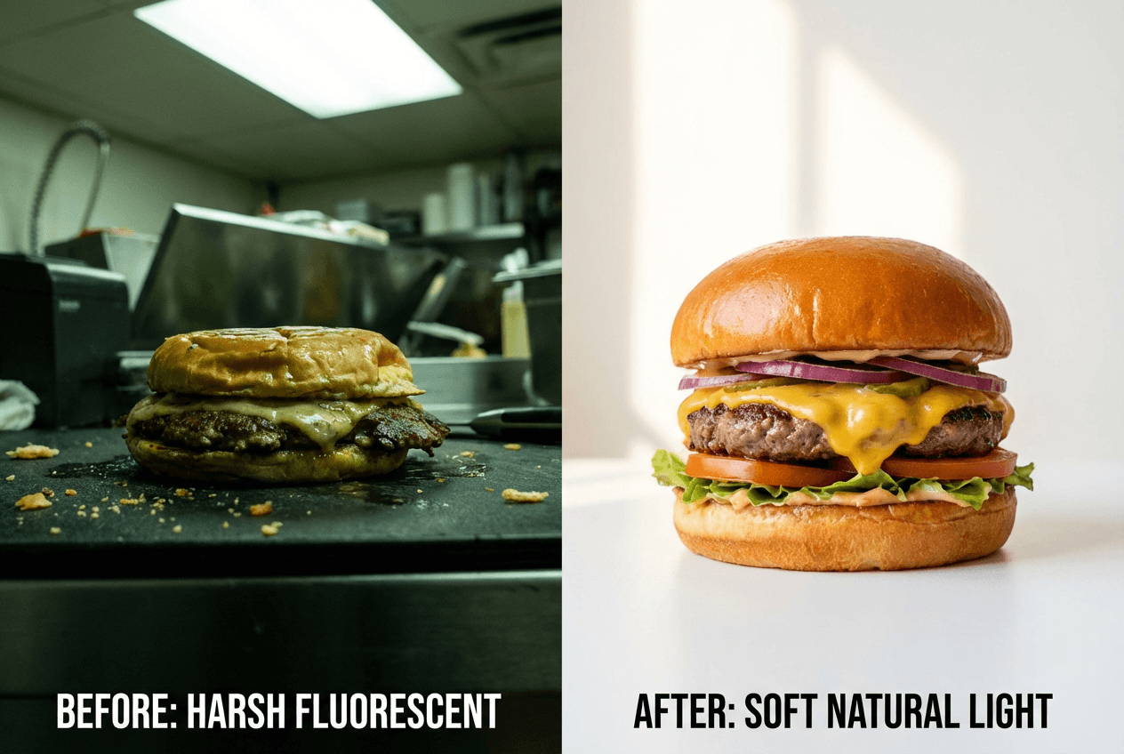 Side-by-side food photo lighting comparison showing bad fluorescent vs good natural window light for delivery apps