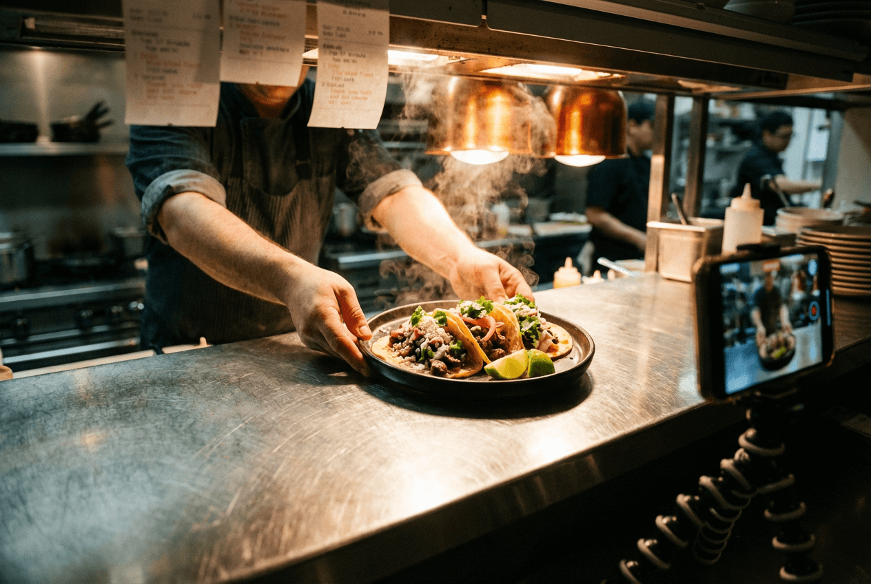 Freshly plated tacos being photographed at restaurant kitchen pass for delivery app menu listing