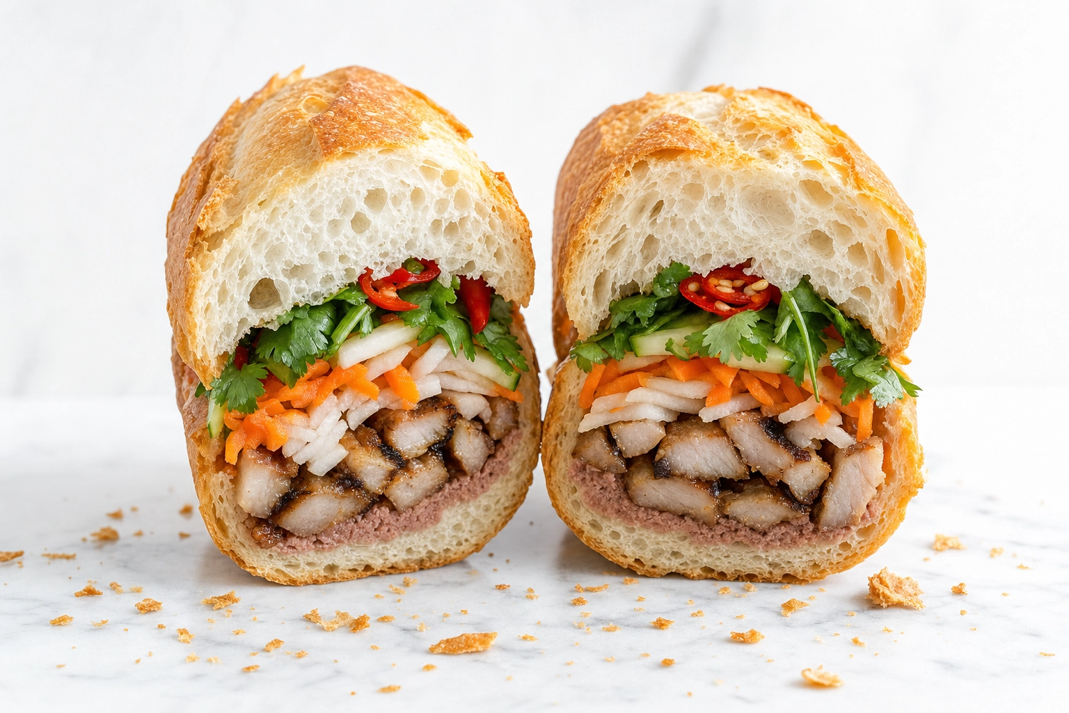 Banh mi cut on a diagonal showing layered pickled carrot, daikon, cilantro, chili and grilled pork inside a crusty baguette
