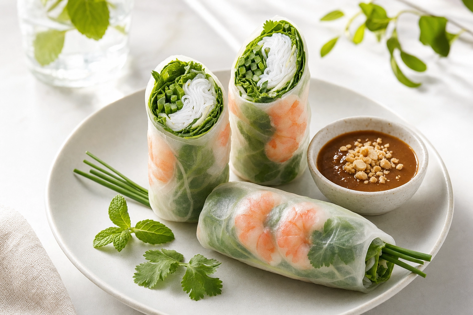 Backlit Vietnamese fresh spring rolls with translucent rice paper revealing pink shrimp and herbs, beside peanut dipping sauce