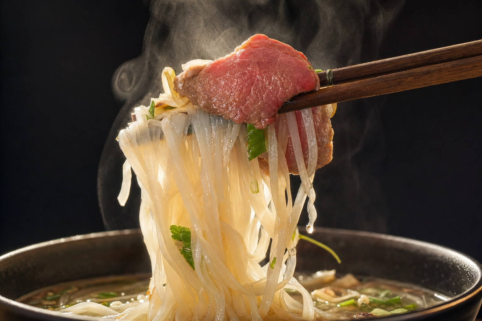 Chopsticks lifting steaming rice noodles and a slice of rare beef from a bowl of pho — a dynamic pho image against a dark background