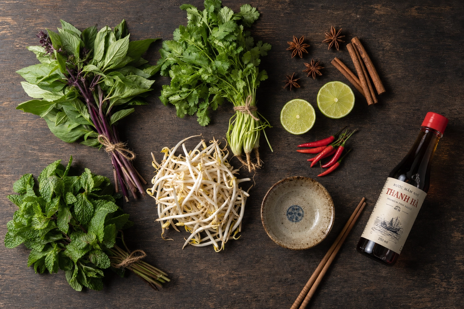 Overhead flat-lay of Vietnamese herbs, lime, chili, star anise and chopsticks used as food photography props on dark wood