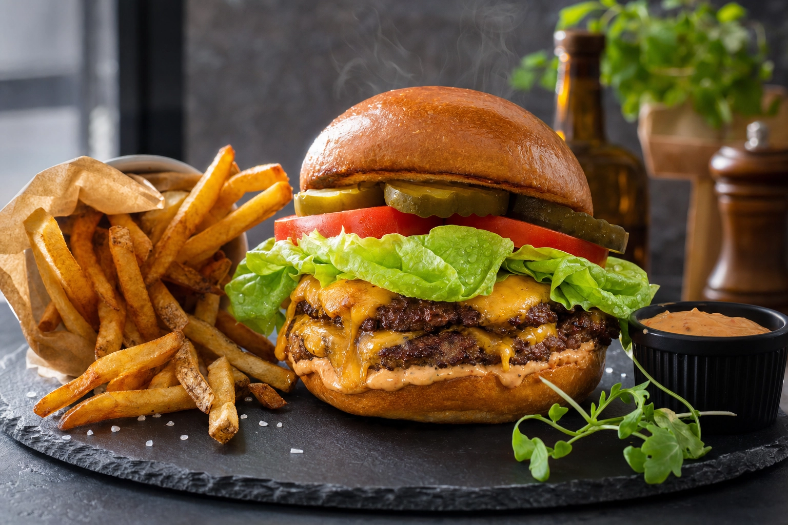 Editorial food photography of a smash burger styled for delivery app menu listing showing professional photography quality