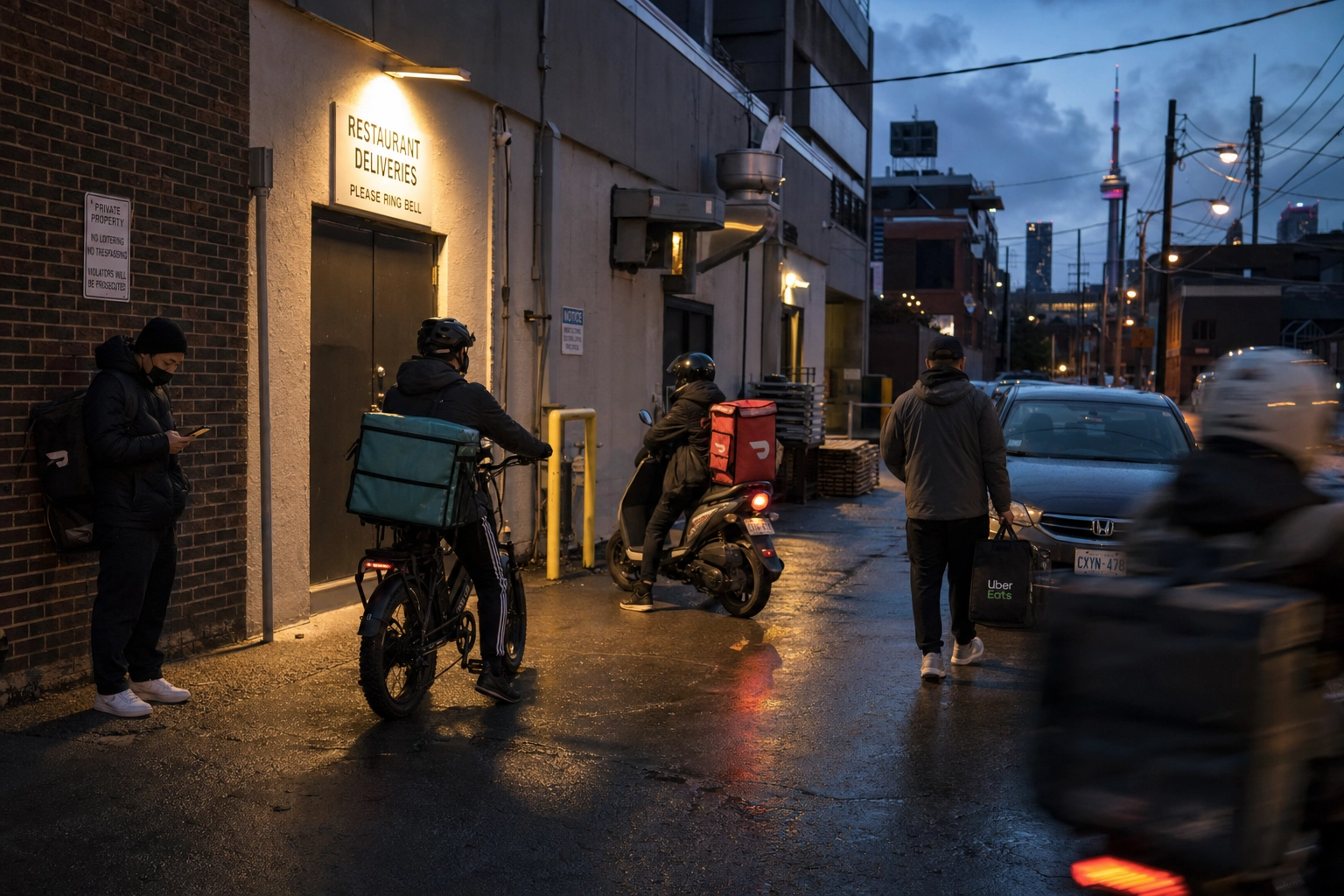 Multiple food delivery couriers waiting at a restaurant back door at dusk illustrating the booming delivery market