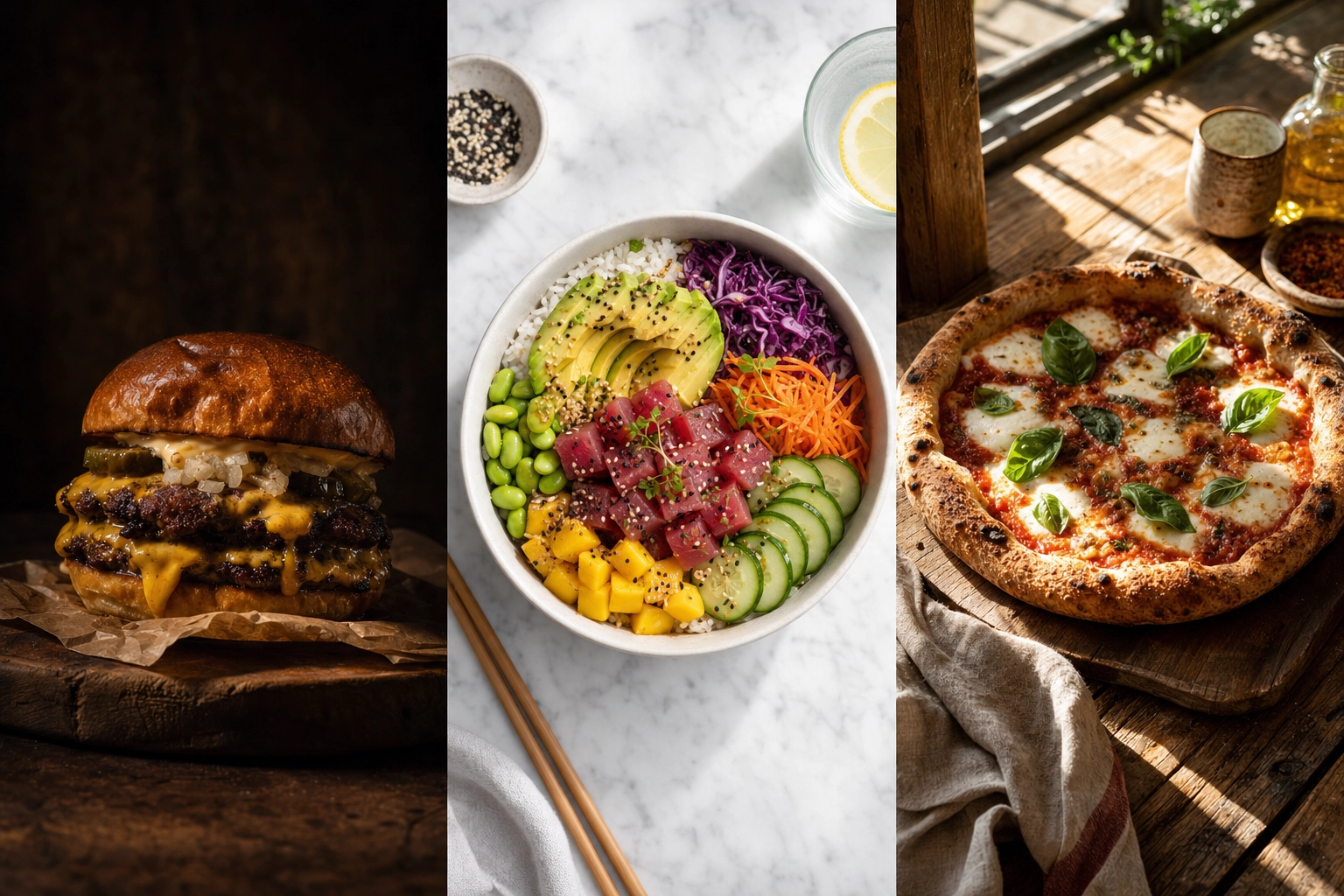 Three different food photography styles for three virtual brands operating from the same kitchen showing distinct brand identities