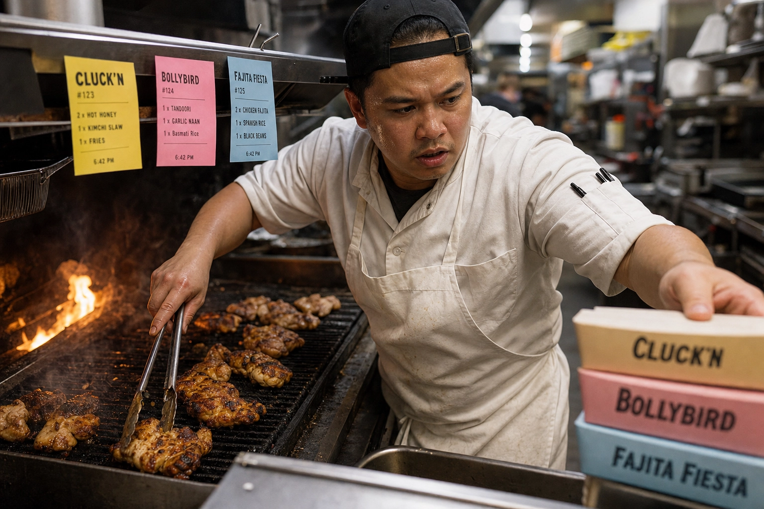 Stressed restaurant line cook juggling tickets from multiple virtual brands during peak service showing quality control challenges