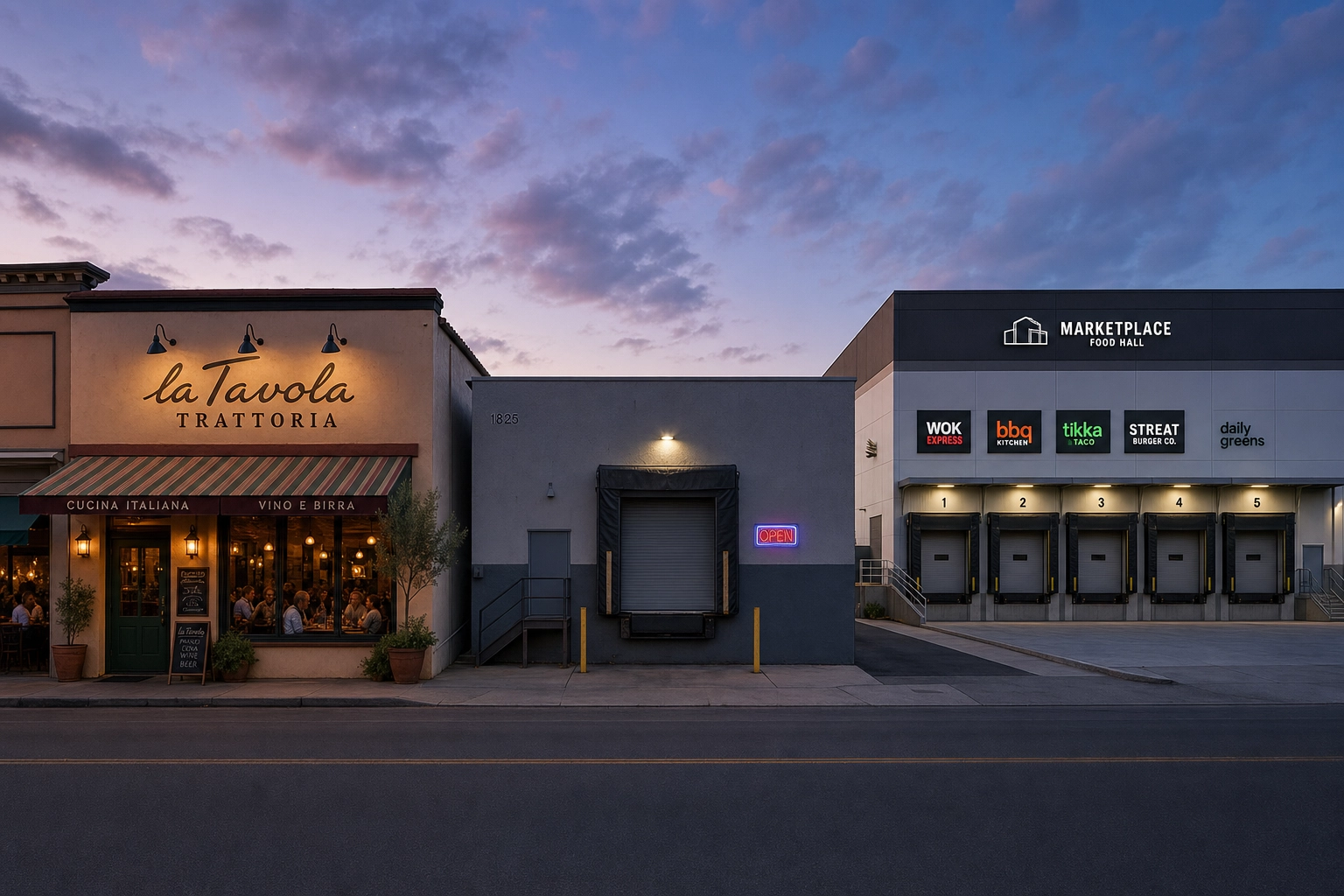 Three different restaurant building types showing virtual kitchen versus ghost kitchen versus cloud kitchen facilities at dusk