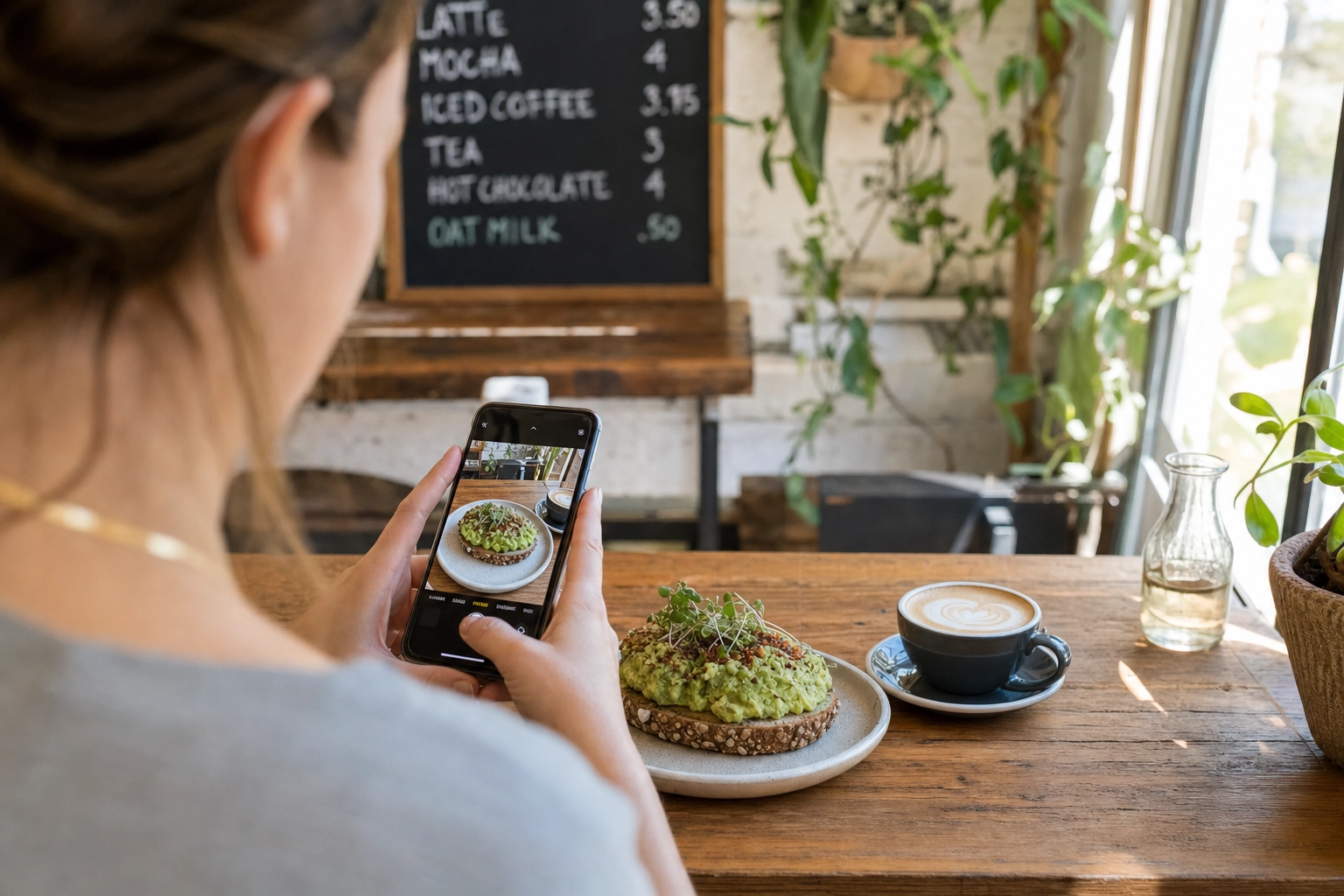 Cafe owner photographing plated avocado toast and coffee with a smartphone on a sunny wooden table