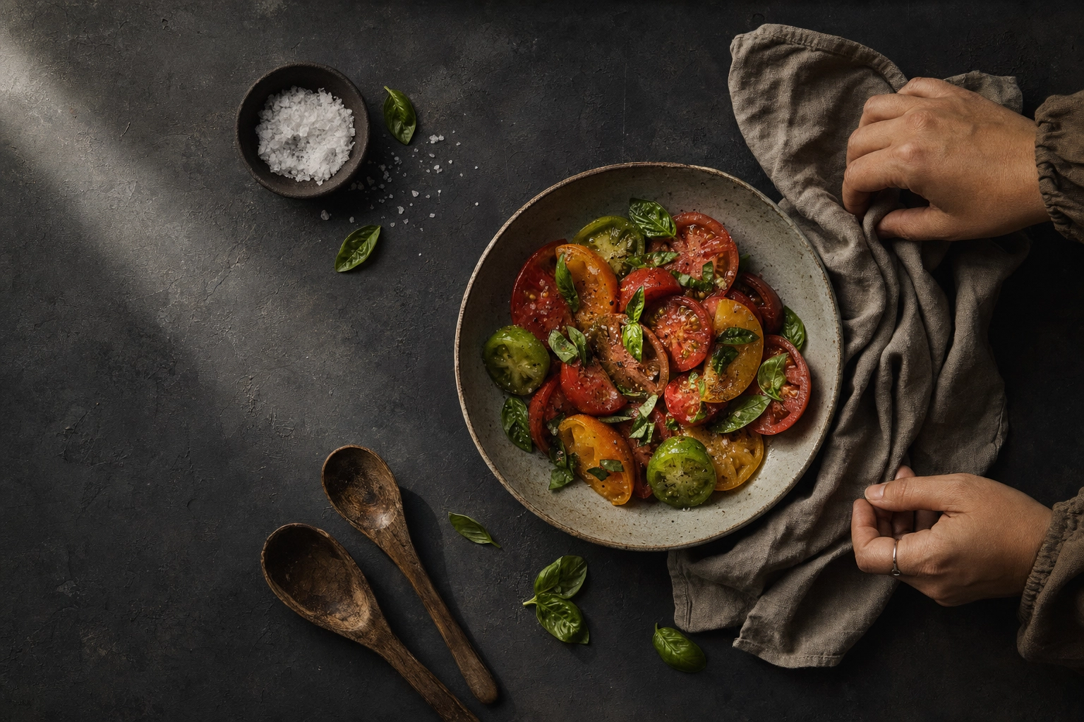 Overhead editorial food styling of heirloom tomato salad with linen and props on a dark slate table