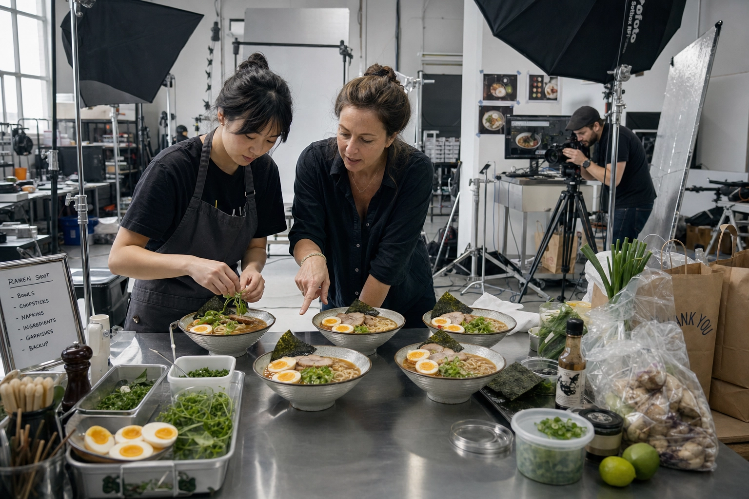 Assistant food stylist plating multiple ramen bowls beside a mentor on a busy photography studio set