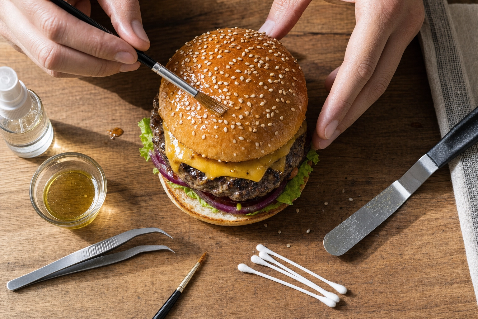 Close-up of a food stylist brushing oil onto a cheeseburger bun surrounded by food styling tools