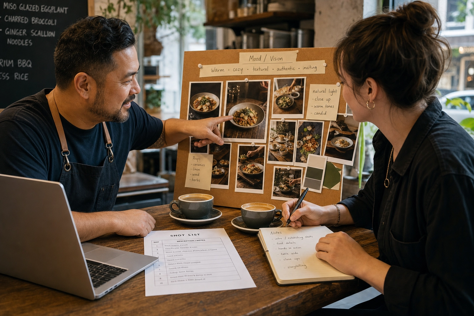 Restaurant owner and food stylist reviewing a shot list and mood board during pre-production planning