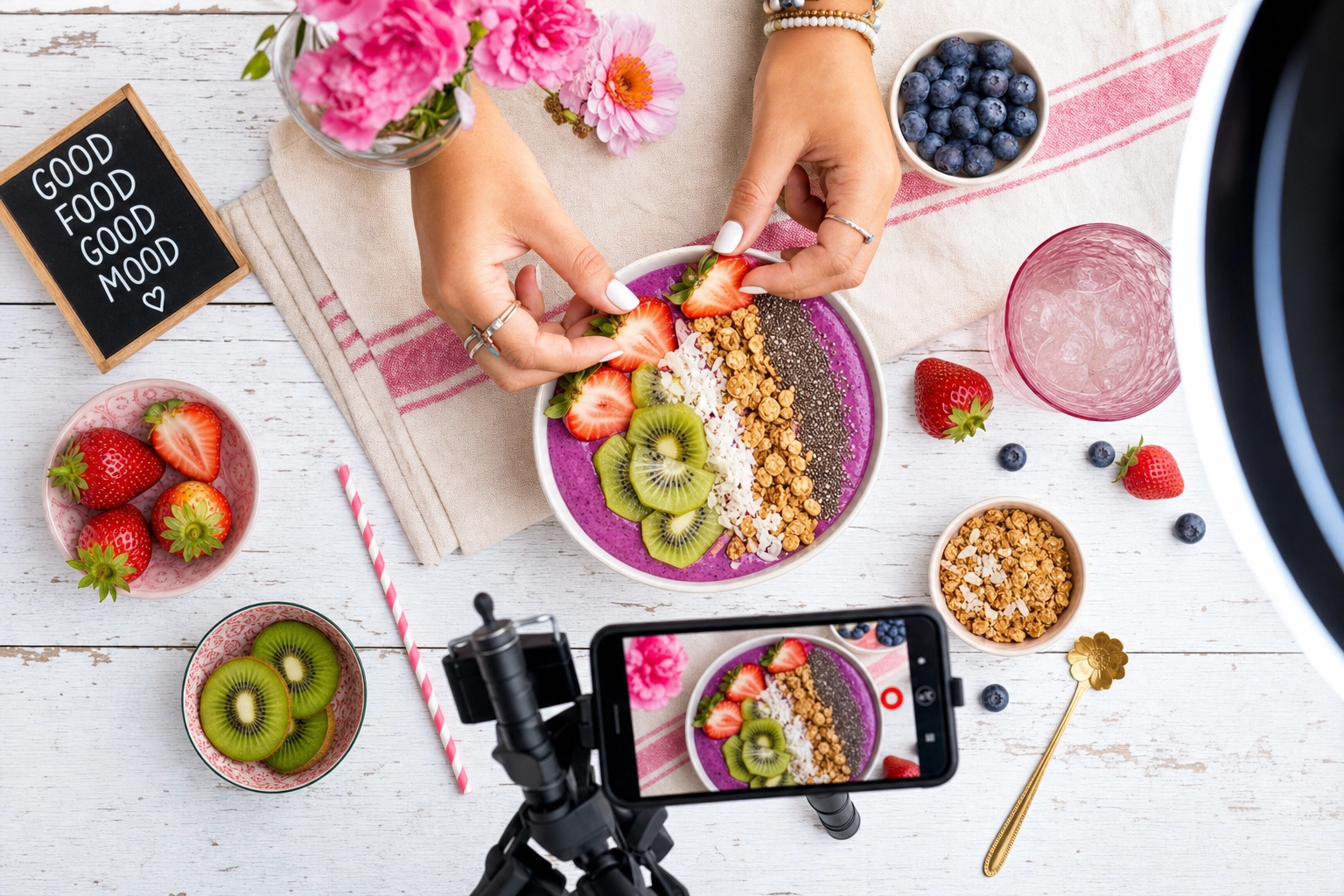 Food content creator styling a colorful smoothie bowl for social media with a phone tripod and ring light