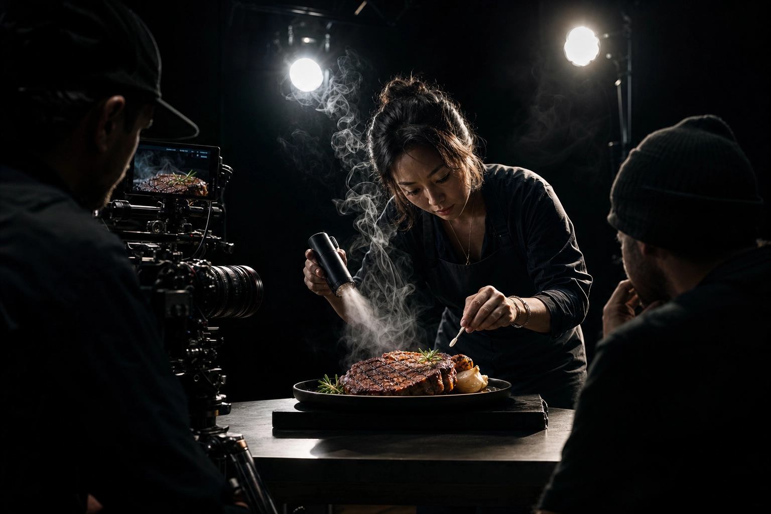 Food stylist creating steam on a ribeye steak under cinematic lights on a commercial film set