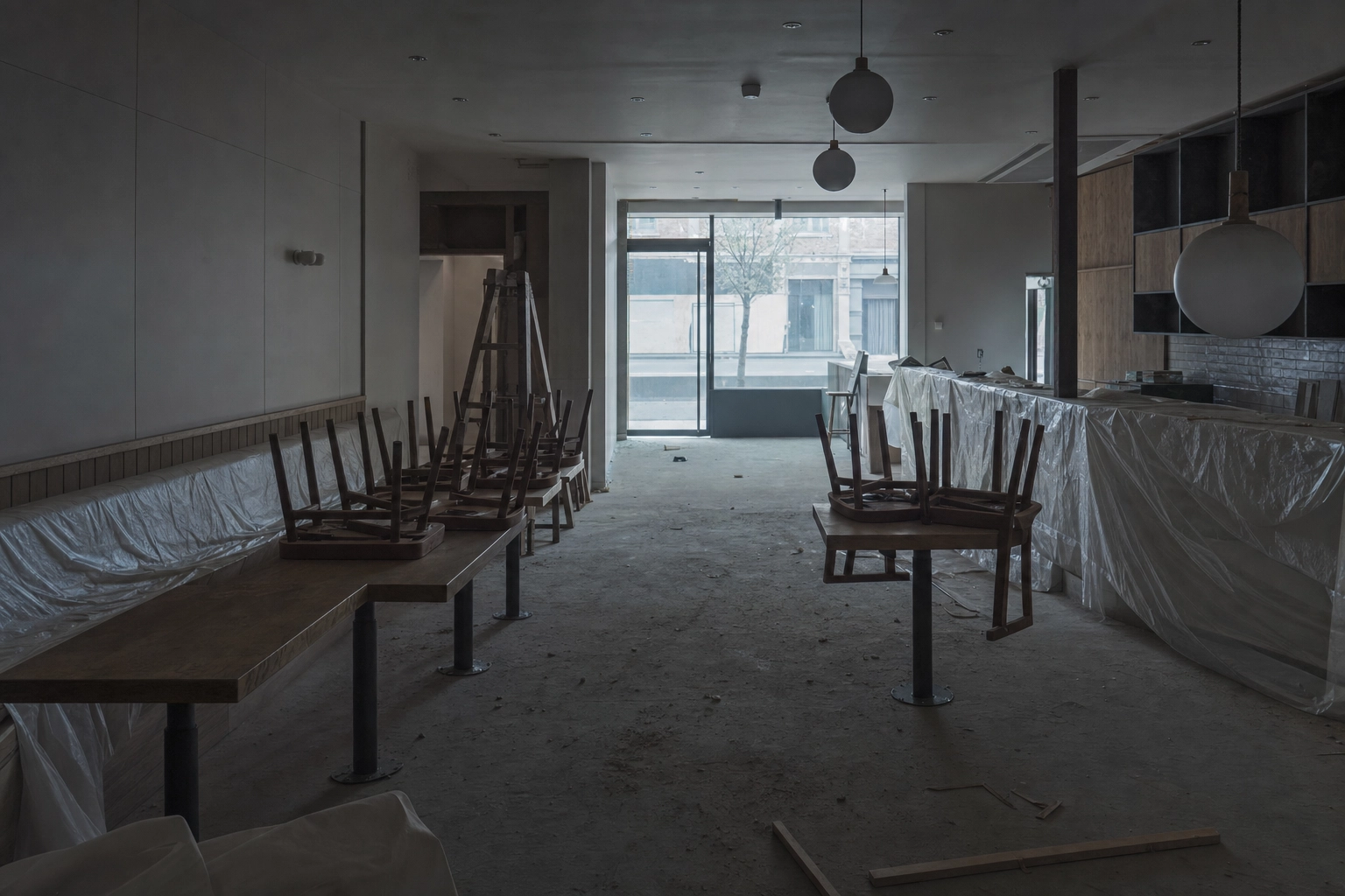 Empty restaurant dining room with stacked chairs and dust sheets, the costly build-out ghost kitchens avoid