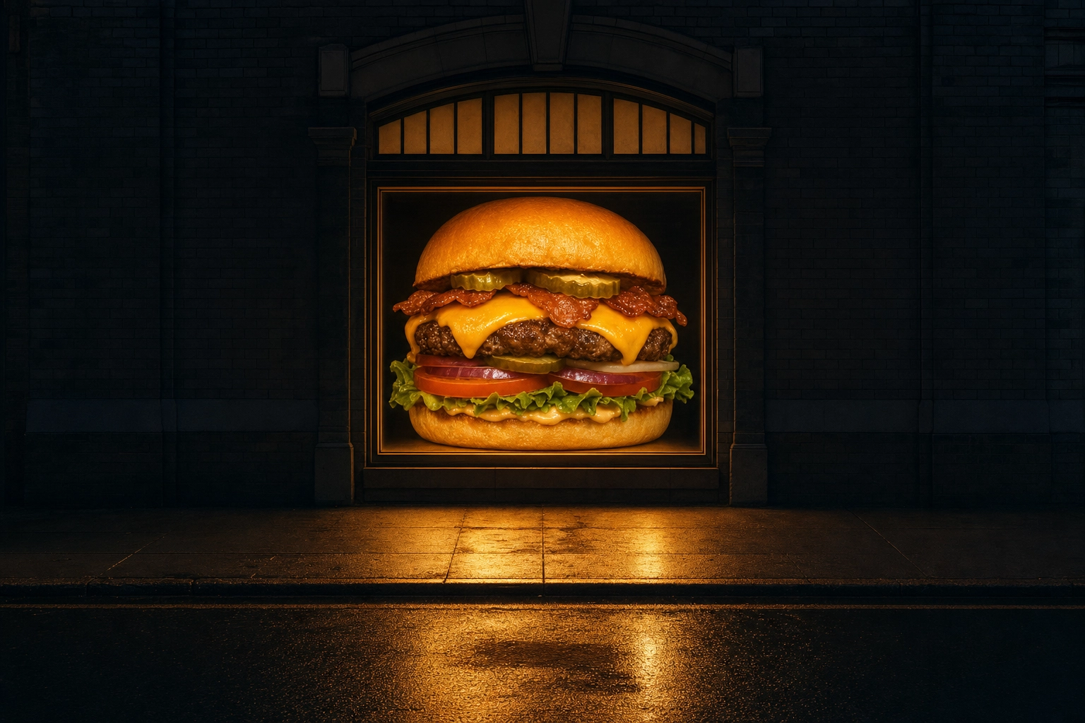 Restaurant storefront window glowing at night framing a single burger, showing how a delivery listing photo is the ghost kitchen storefront