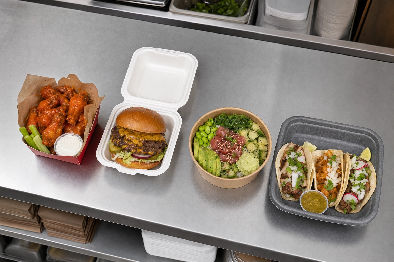 Four different unbranded takeout meals on one kitchen counter, showing multiple virtual brands run from a single ghost kitchen