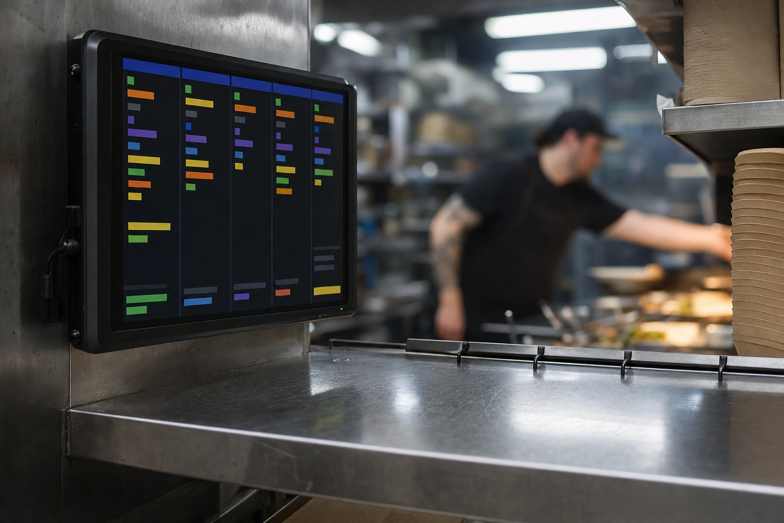 Kitchen display screen showing incoming delivery orders on a stainless pass as a ghost kitchen cook works behind it