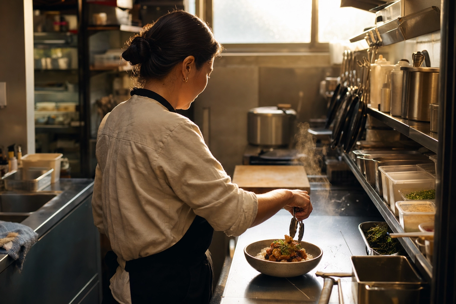 Chef-owner plating a bowl alone in a compact delivery kitchen, the operator profile that succeeds with a ghost kitchen in 2026