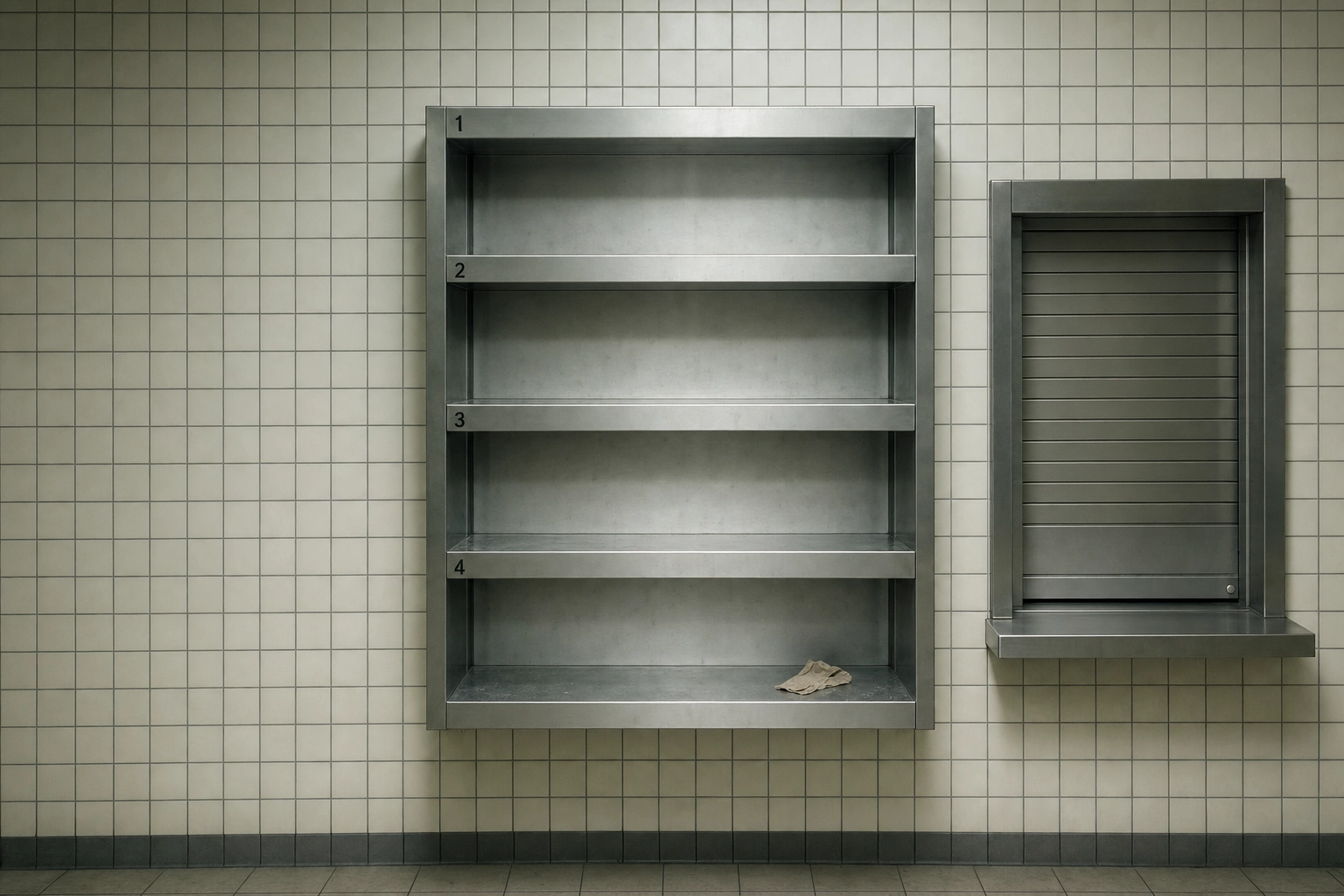 Empty numbered courier pickup shelves under harsh light, showing the risk of a ghost kitchen losing delivery app visibility