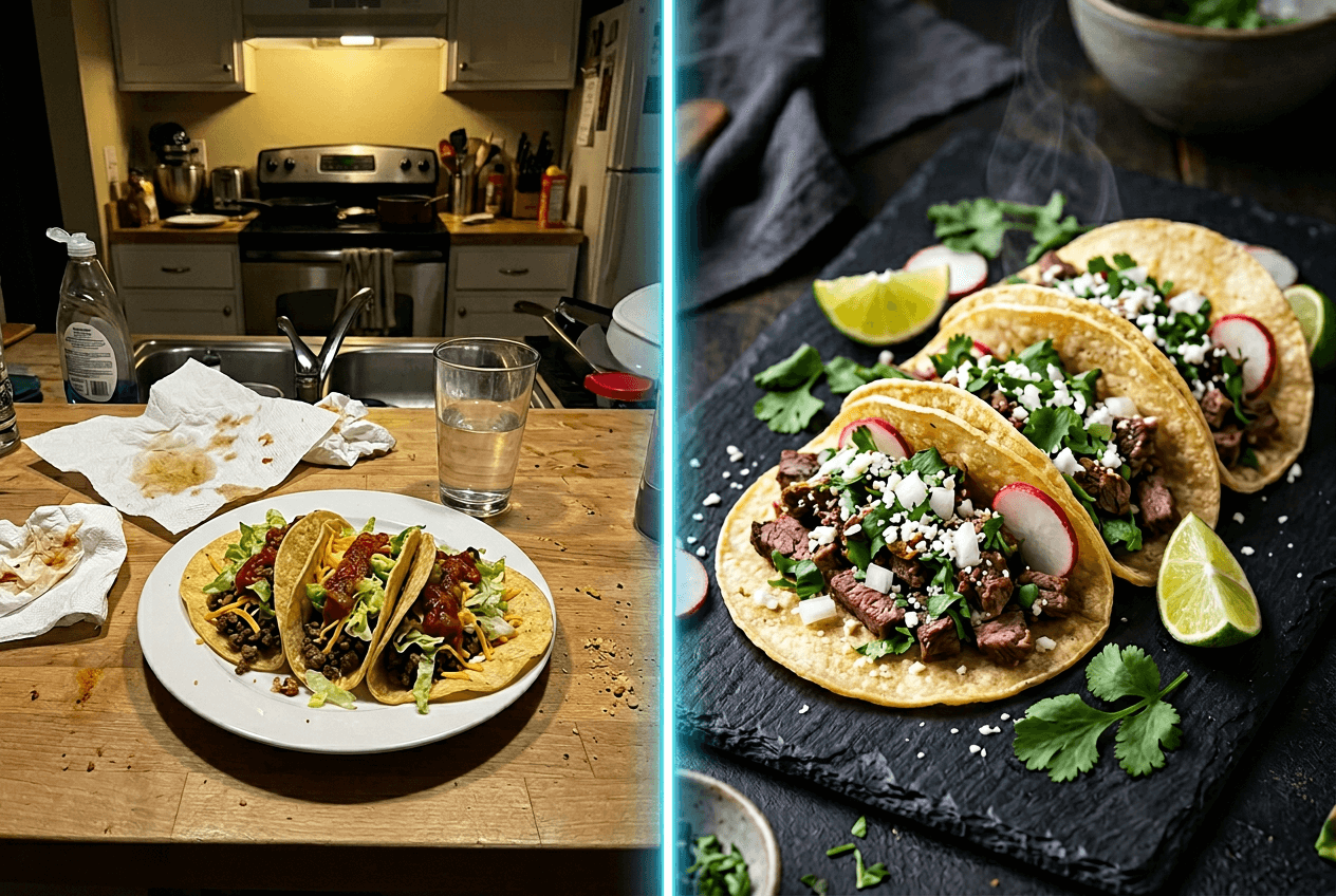 Before and after comparison showing AI transformation of a casual taco photo into professional food photography