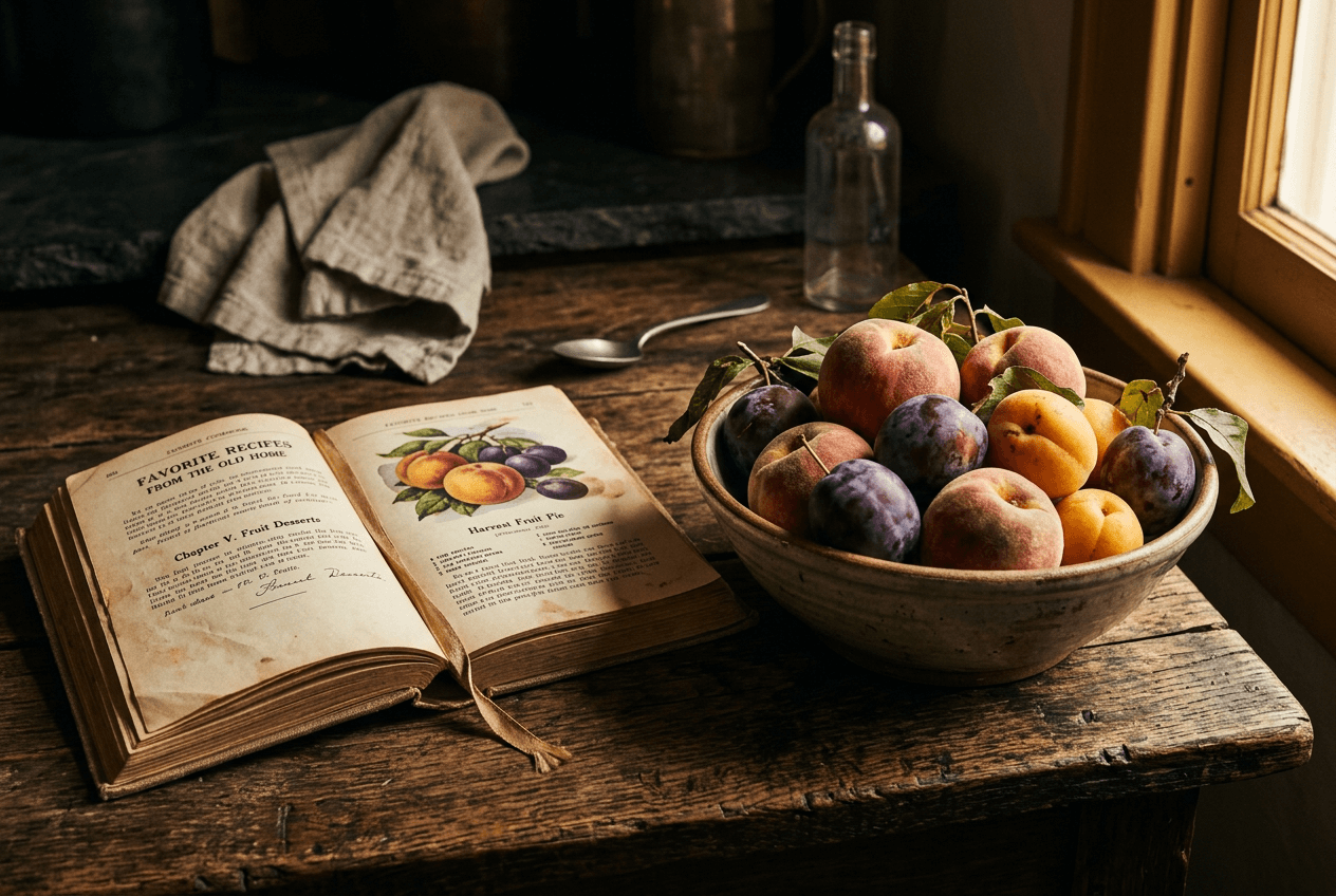 Vintage still life scene with antique cookbook and fruit arrangement evoking the early history of food photography