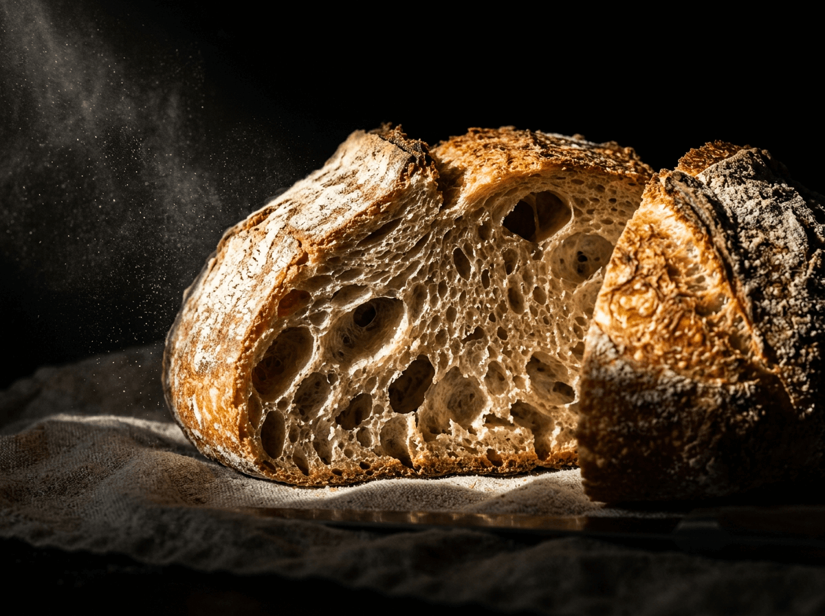Dramatic side-lit close-up of sourdough bread showing how lighting reveals food texture in photography