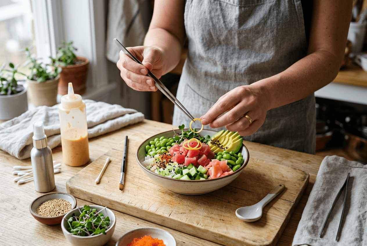 Food stylist using tweezers to carefully garnish a colorful poke bowl with professional styling tools nearby