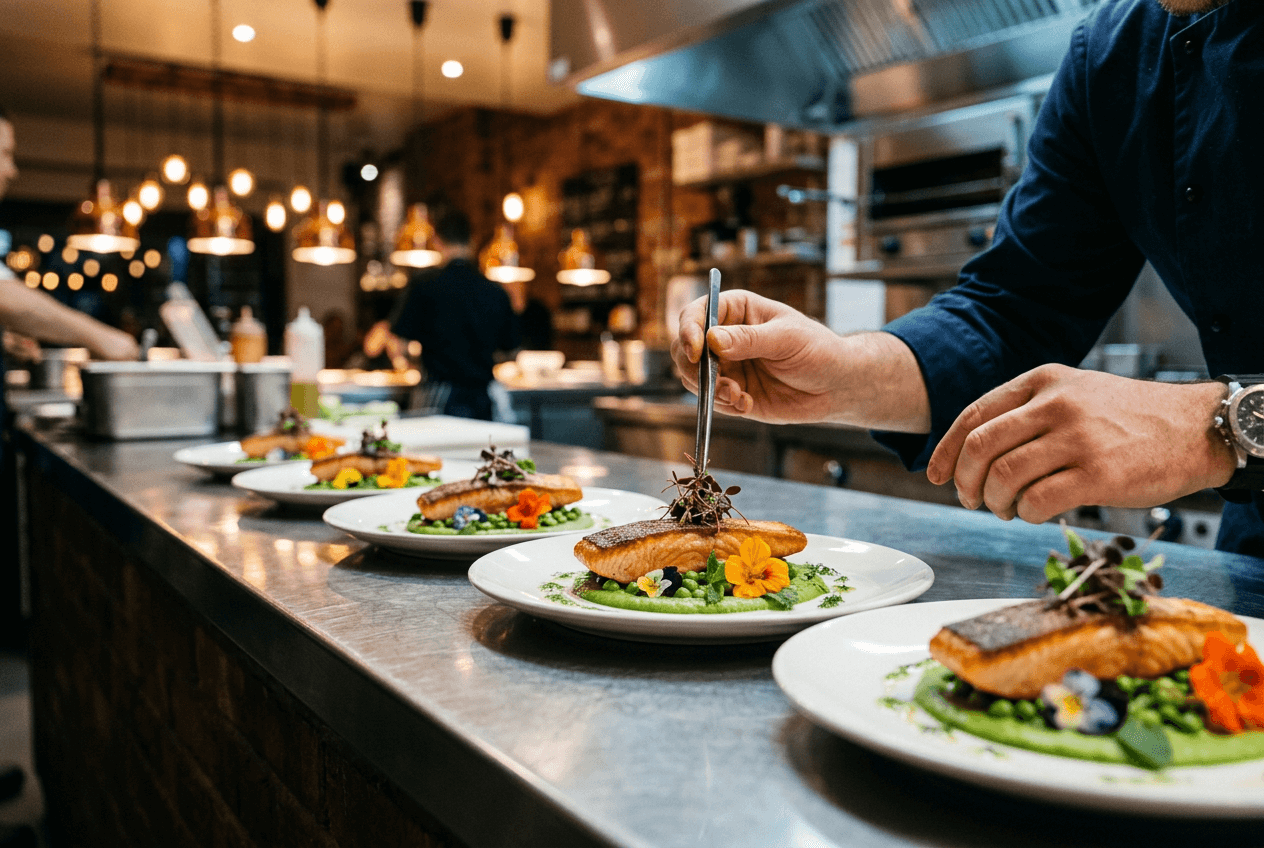 Chef garnishing a row of identically plated restaurant dishes during a professional menu photography session