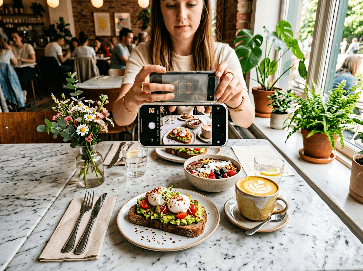 Smartphone capturing social media food photography of a colorful brunch spread in a sunlit cafe