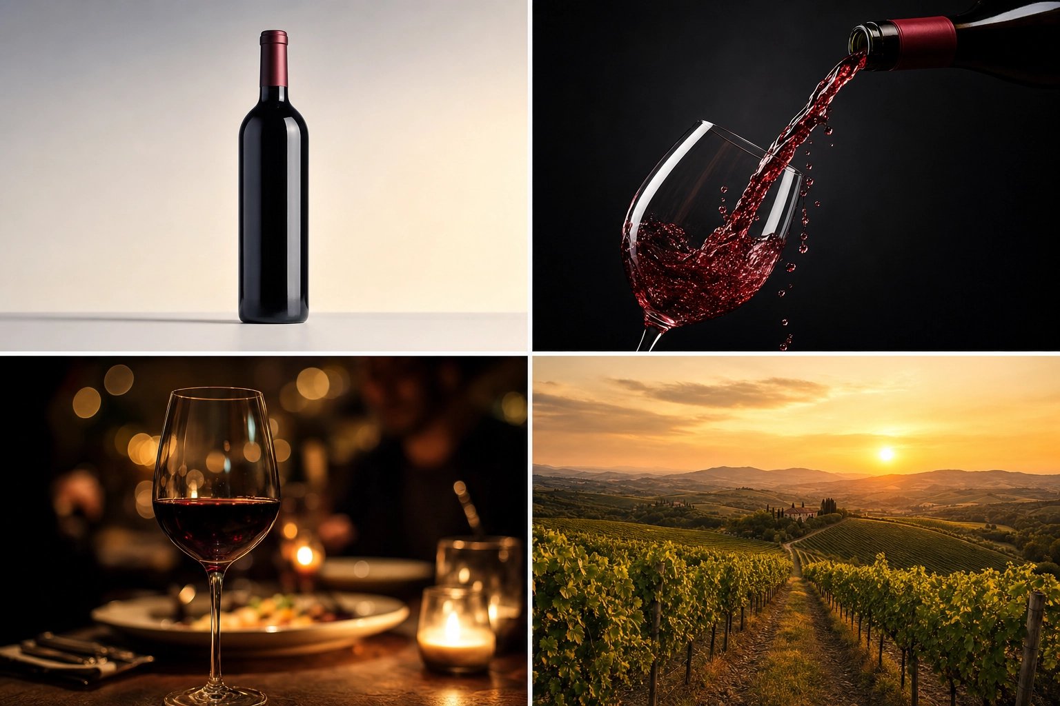 Four wine photography shot types: bottle hero, pour shot, glass with atmosphere, and vineyard lifestyle