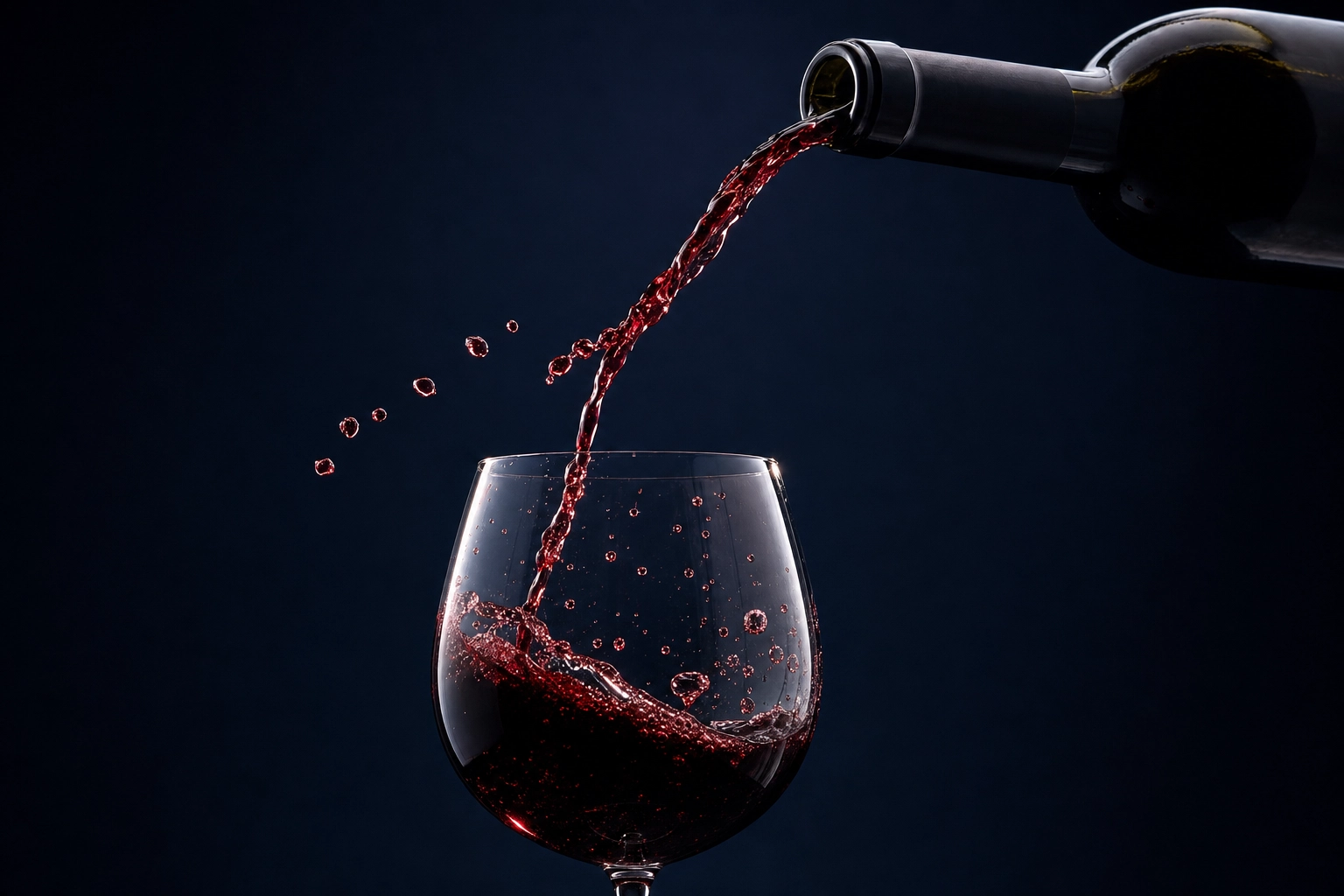 High-speed pour shot of red wine arcing from bottle into a wine glass, splash frozen mid-air