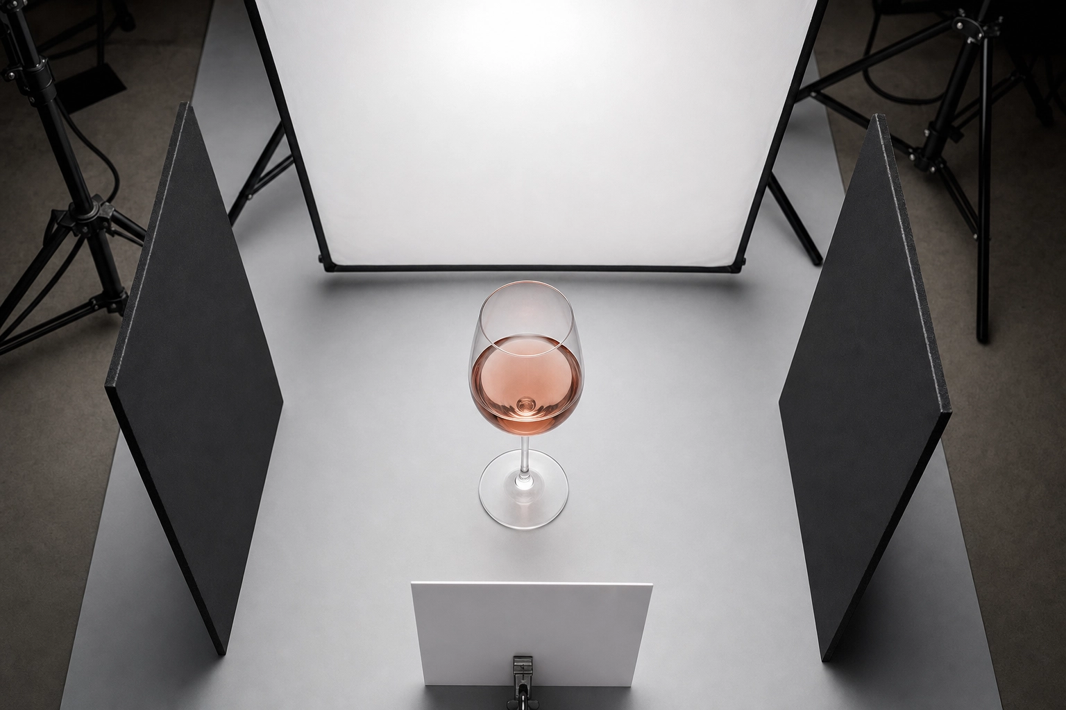 Overhead view of a wine glass lighting setup with backlight, diffuser, black flags, and white reflector cards
