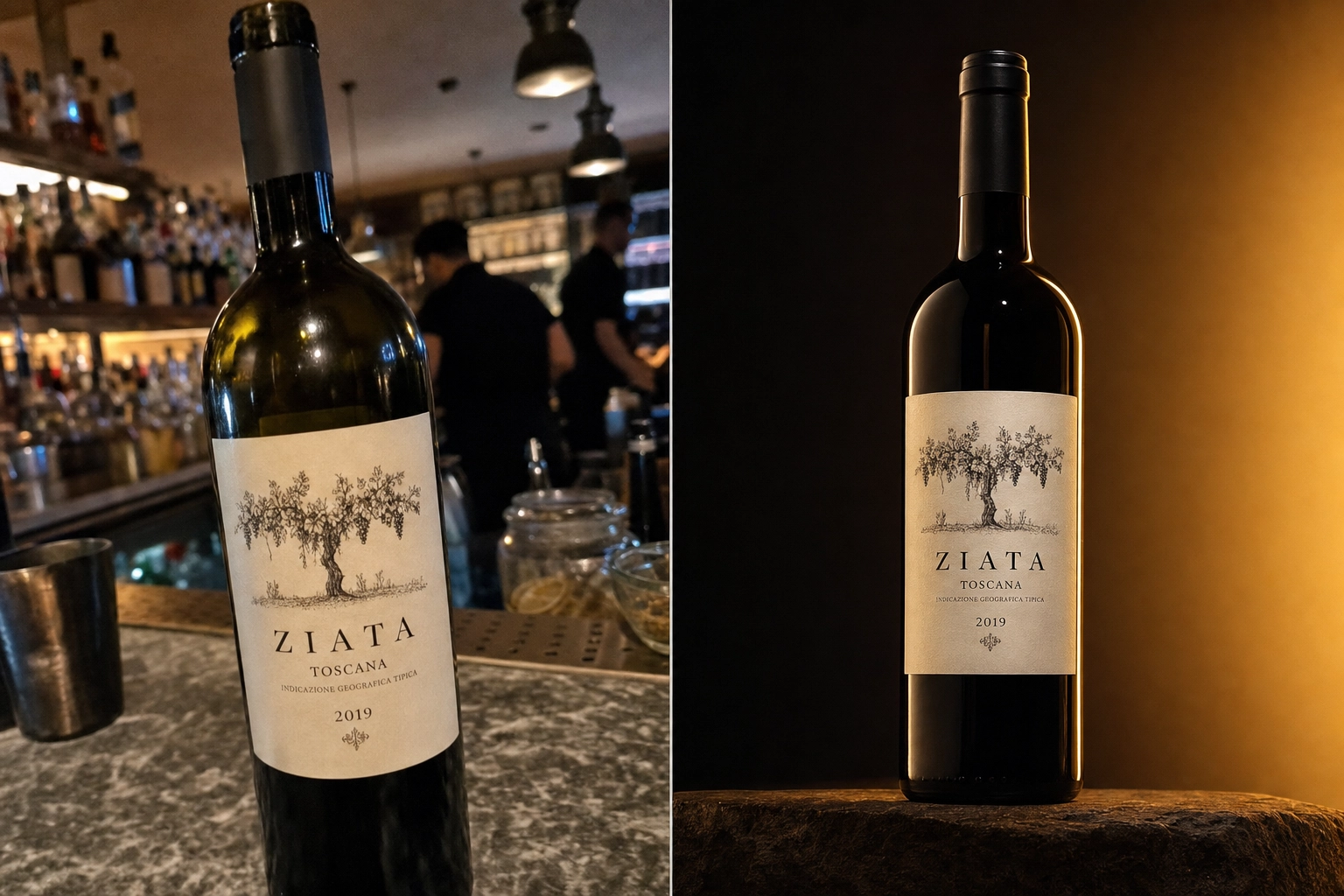Before and after wine bottle photo comparison: messy phone snapshot transformed into polished editorial product shot