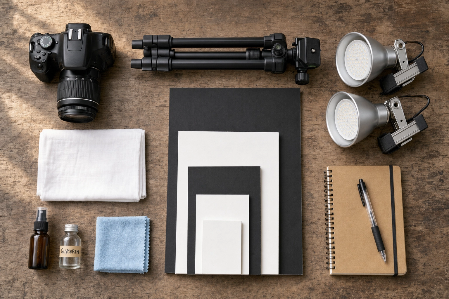 Flat lay of budget wine photography equipment under 200 dollars: camera, tripod, lights, diffusion, foam core boards